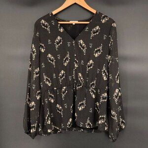 Pleione Womens Long Sleeve Floral Polka Dot Blouse L Black Office Professional
